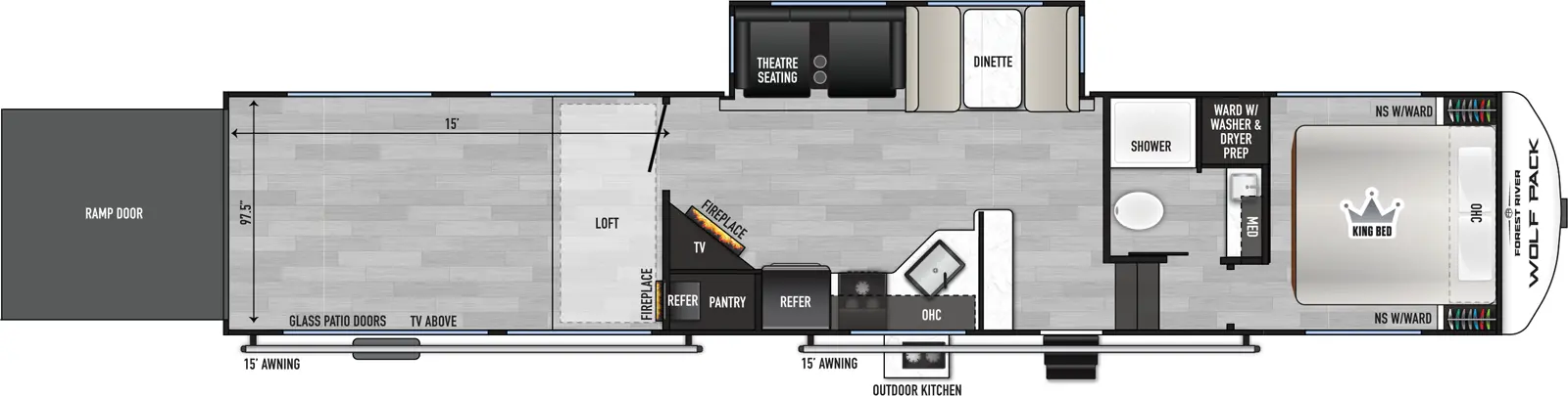 The Wolf Pack 350PACK15 floorplan is a toy hauler that has two entries and one slide out. Exterior features include: fiberglass exterior and 15' & 15' awning. Interiors features include: loft and front bedroom.